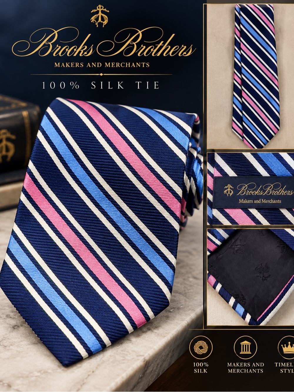 Brooks Brothers Navy Pink Light Blue Diagonal Stripe Silk Tie